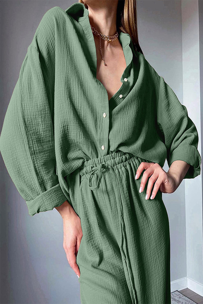 Casual Simplicity Solid Turndown Collar Long Sleeve Two Pieces