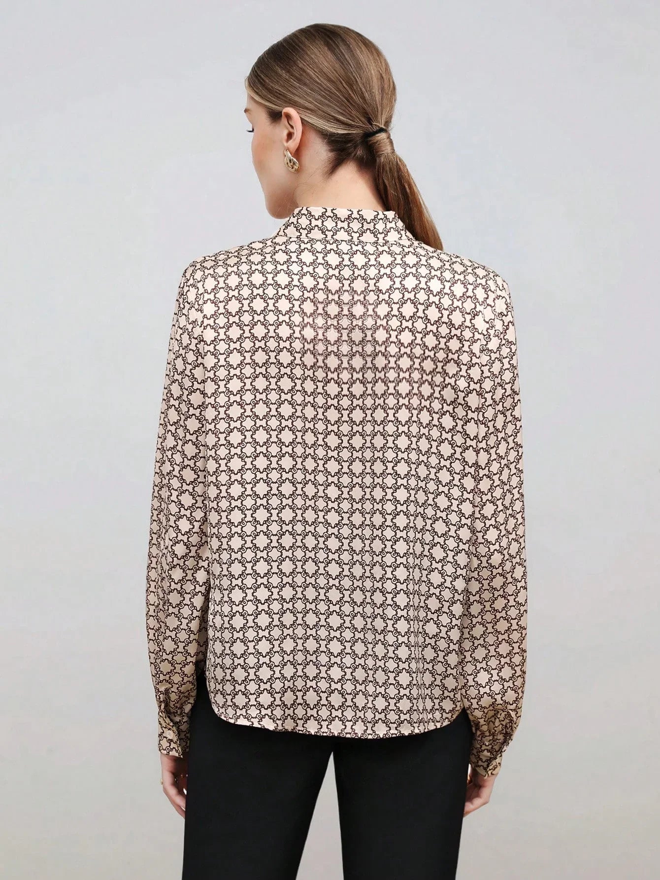 Satin Blouse Allover Print Tie Collar Loose Fit Elegant