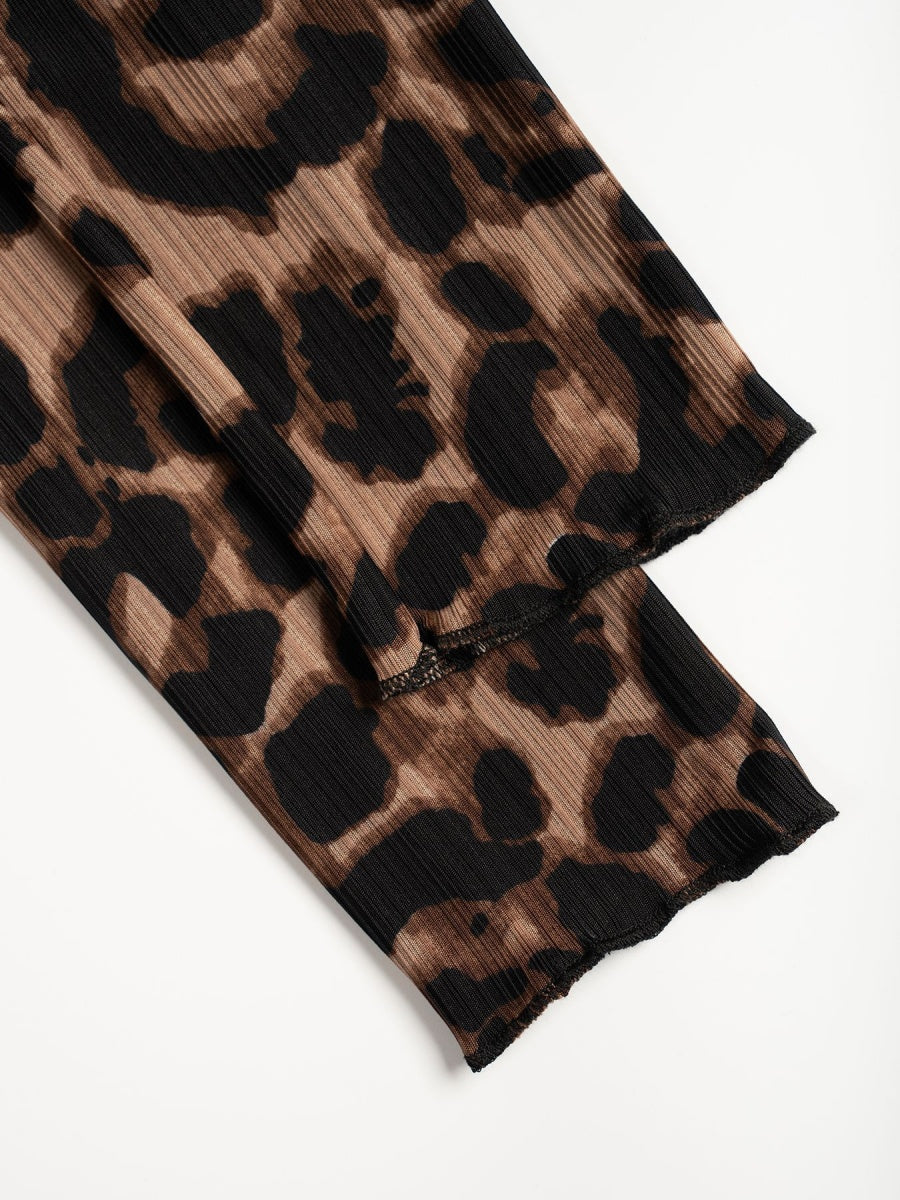 Leopard Print V-Neck Long Sleeve Slim Fit Knit T-Shirt