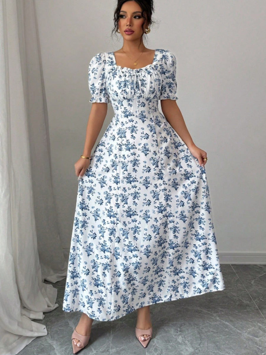 Floral Print Puff Sleeve Ruffle Long Dress