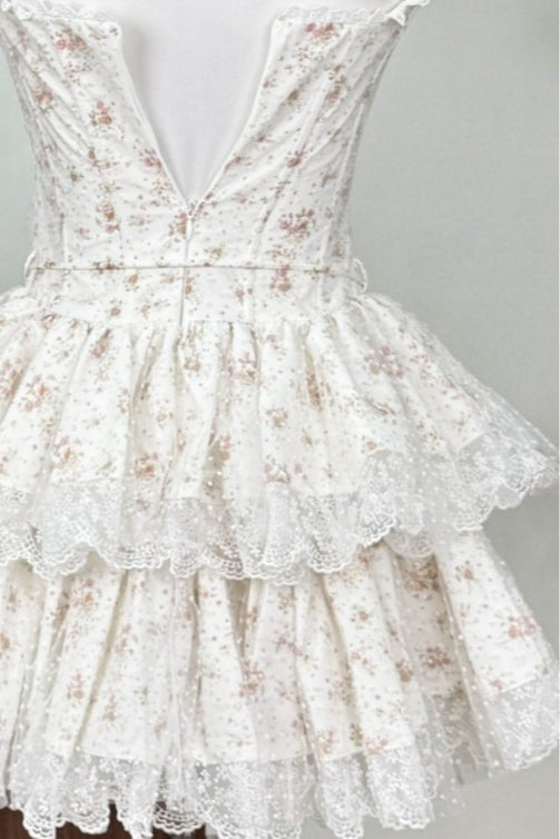 Square Neck Ruffle Strap Corset Bodice Tiered Lace Trim Floral Mini Dress