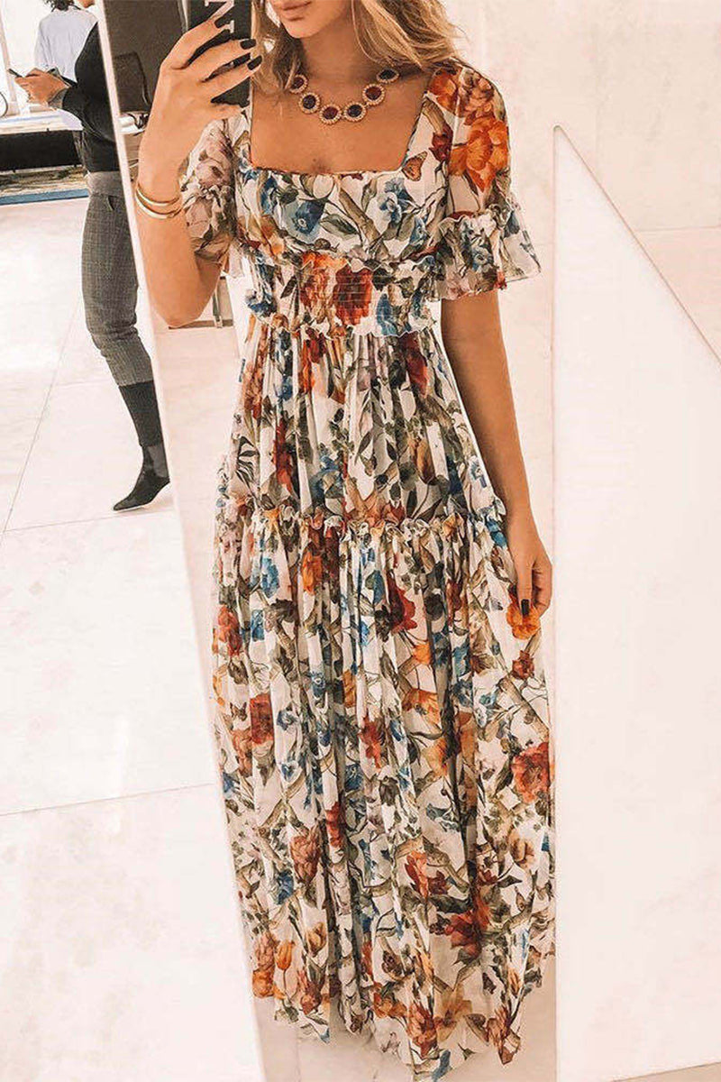 Elegant Floral Stringy Selvedge Square Collar Printed Dress Dresses(2 Colors)