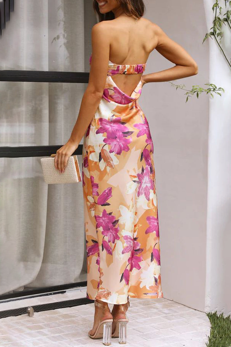 Floral Strapless Foldover Neck Side Slit Satin Maxi Dress