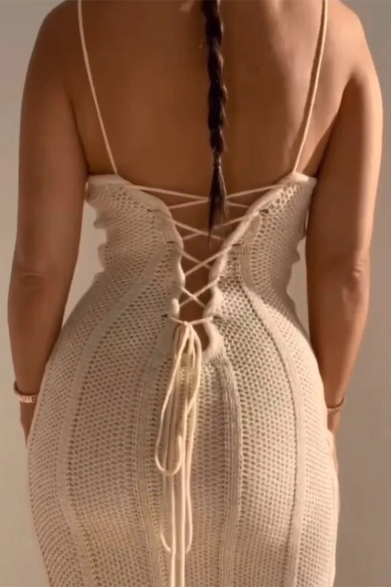 Crochet Knit Square Neck Spaghetti Strap Side Slit Bodycon Maxi Dress