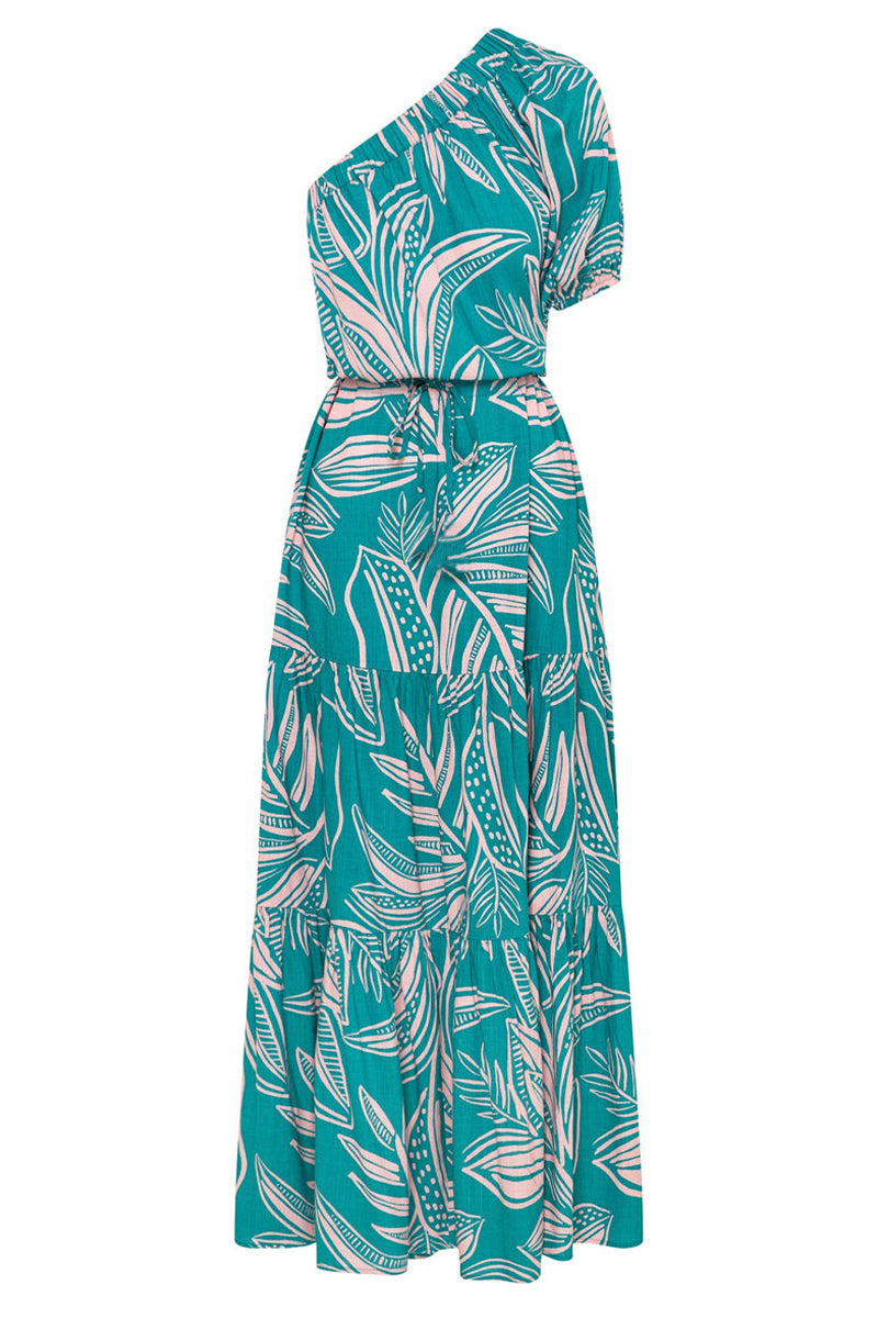 Tropical Floral Print One-Shoulder Puff Sleeve Tiered Drawstring Waist Maxi Dress