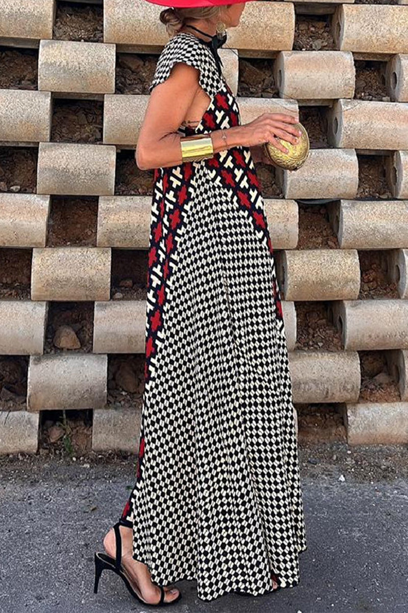 Geometric Chevron Print Cap Sleeve Deep V-Neck Flowy Maxi Dress
