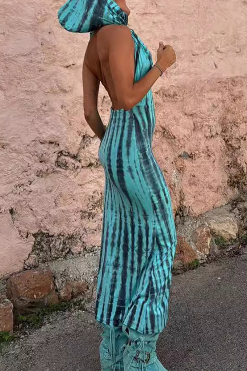 Tie-Dye Print Halter Cowl Neck Backless Column Maxi Dress