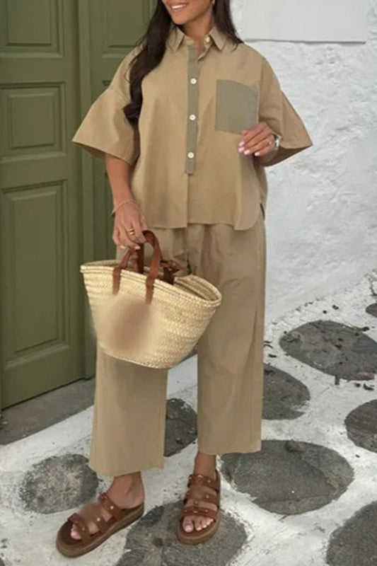 Casual Daily Solid Color Pocket Patchwork Contrast Turndown Collar Short Sleeve Two Pieces