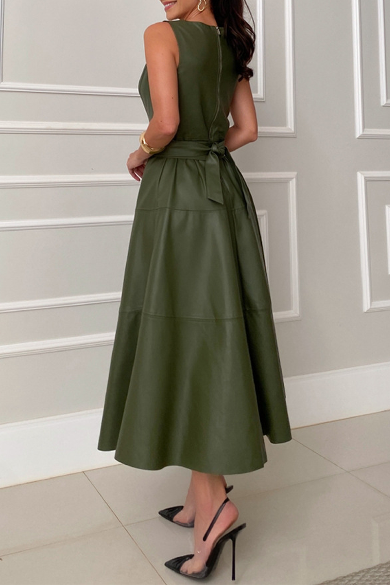 Faux Leather Panel Seam Sleeveless Crew Neck Belted Fit-and-Flare Midi Dress