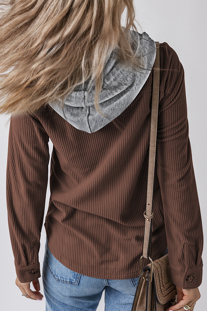 Casual Daily Draw String Buttons Patchwork Contrast Hooded Tops