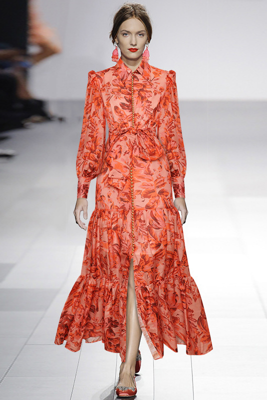 Sheer Floral Print Collared Button-Front Tie Belt Tiered Maxi Shirt Dress
