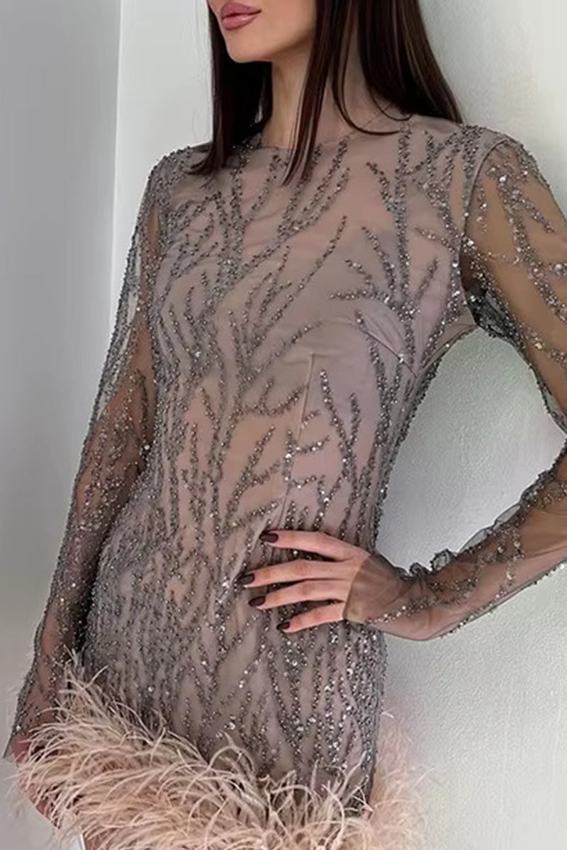 Mesh Sequin Embroidery Crew Neck Long Sleeve Feather Hem Mini Cocktail Dress