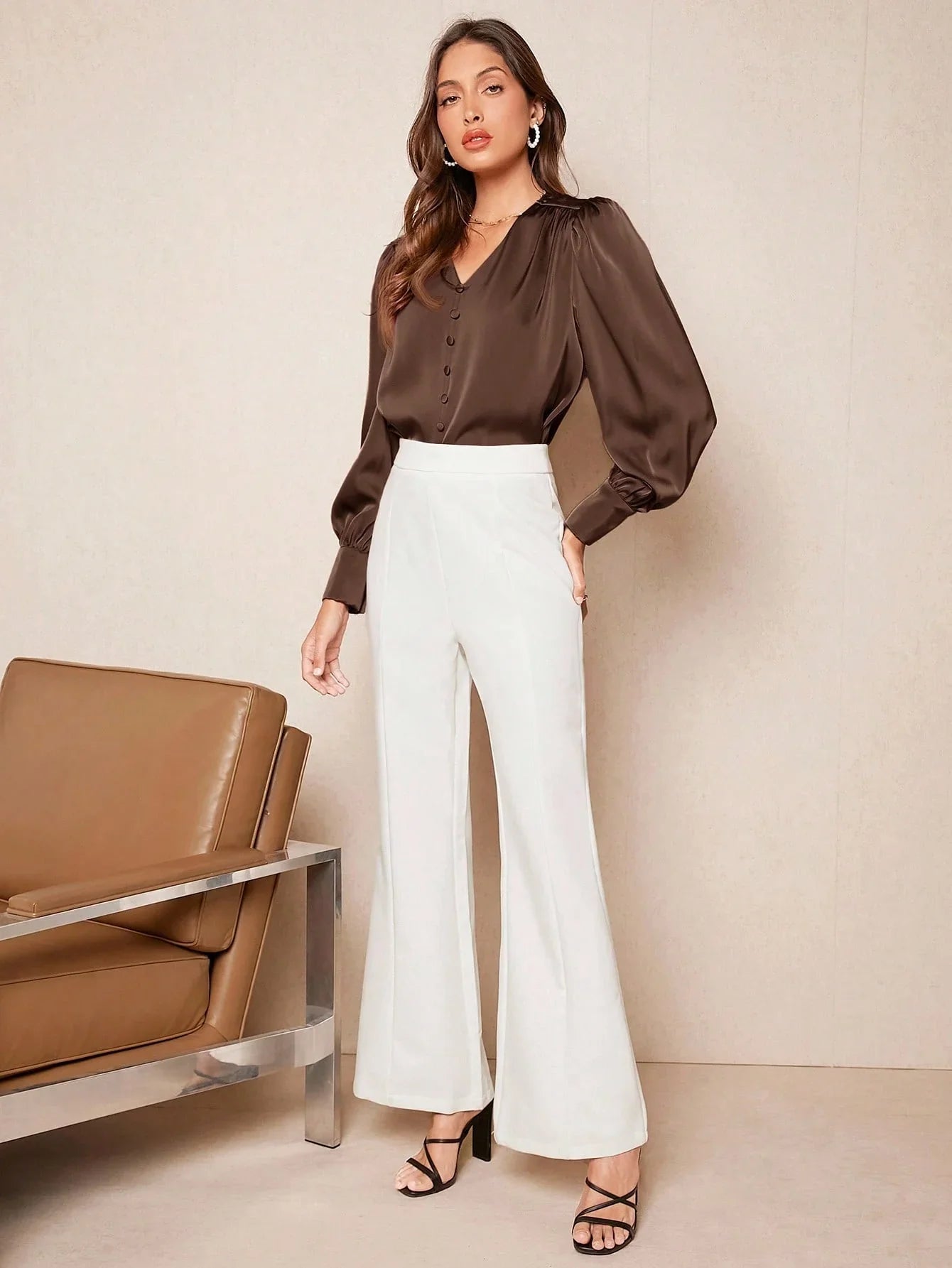 V Neck Satin Blouse Office Ready Elegant Chic Casual Top