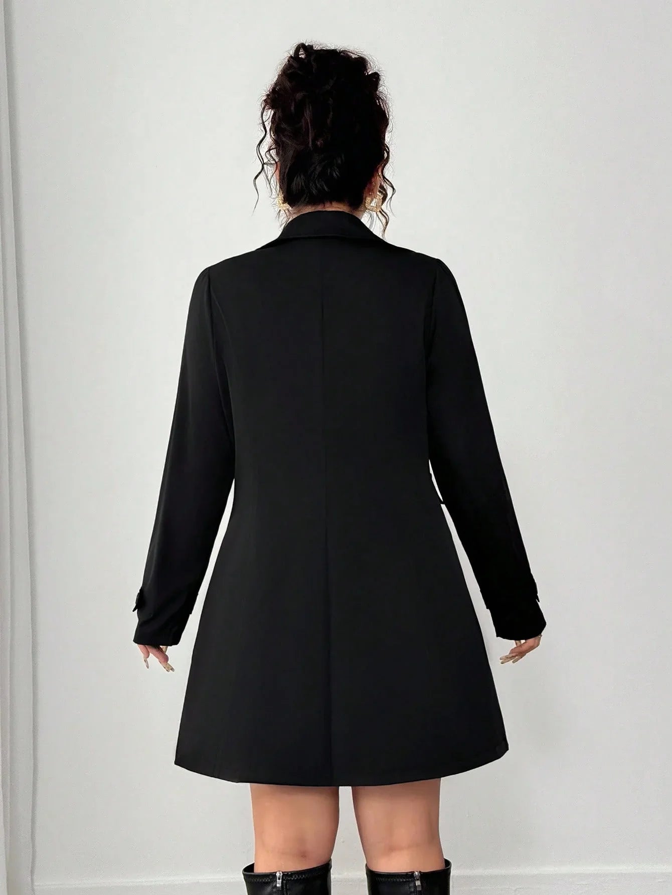 Plus Size Black Trench Coat Lapel Front Elegant Chic