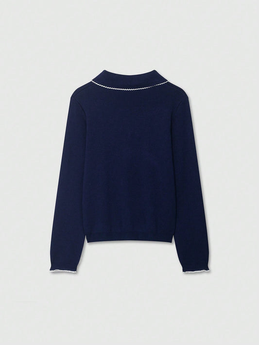 Navy Colorblock Button Collar Knit Cardigan