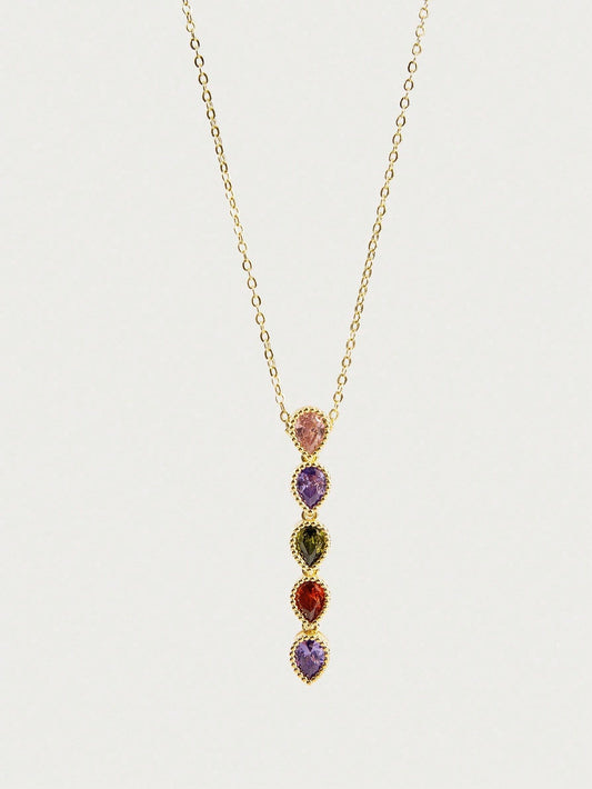 Five Color Long Pendant Necklace With Zirconia Rhinestones Vintage Glam Style