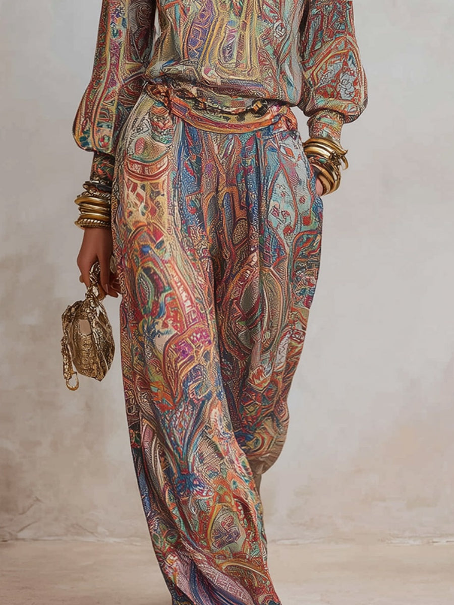 Hippie Style Exotic Style Printed Shirt Printed Wide-leg Pants Set 2-piece Sets