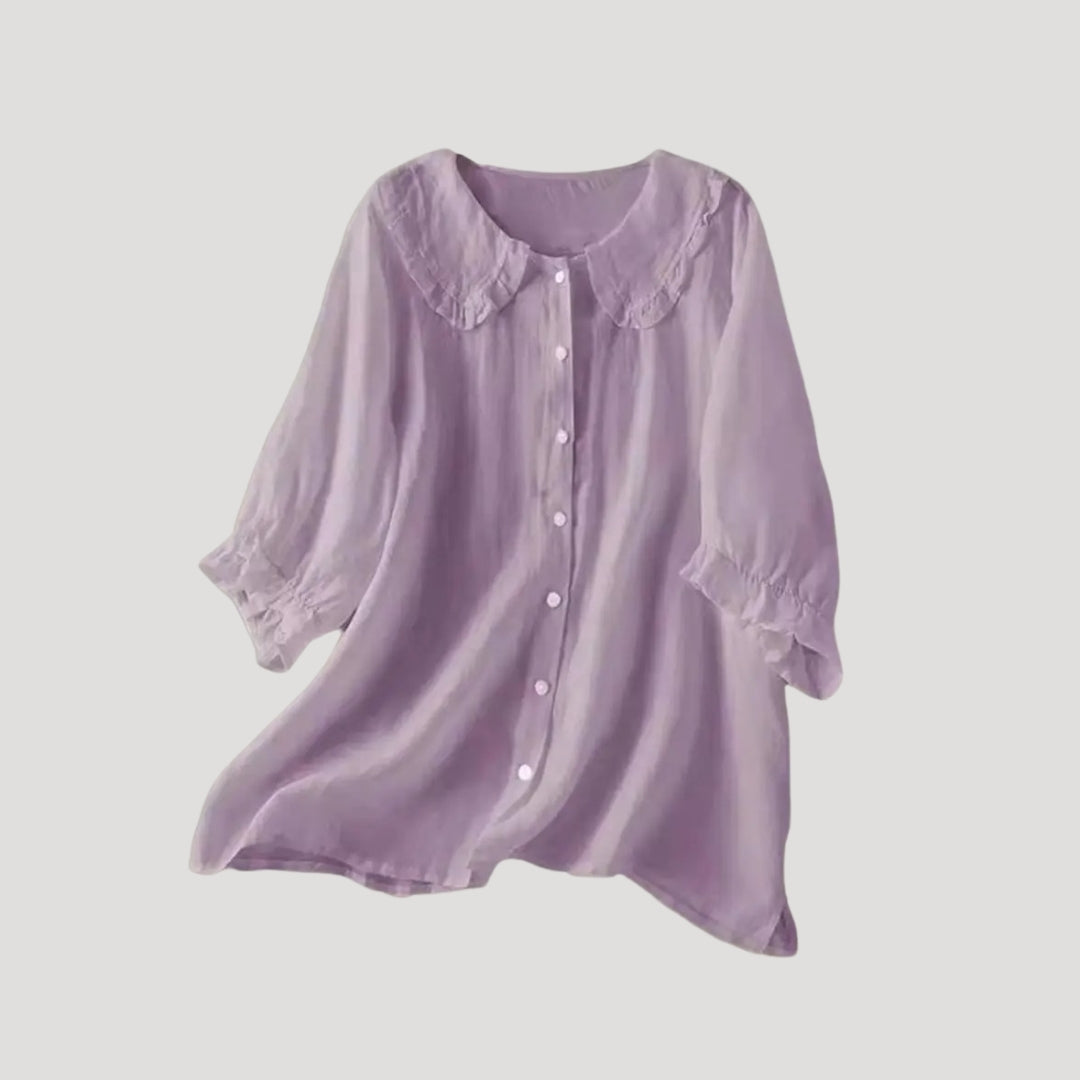 | Linen Blend Blouse Long Sleeve Ruffle Collar Top