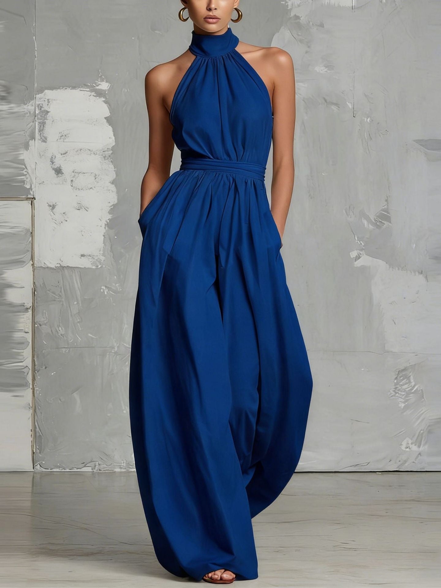 Waist-cinching Halter Neck Tie-up Pleated Jumpsuit