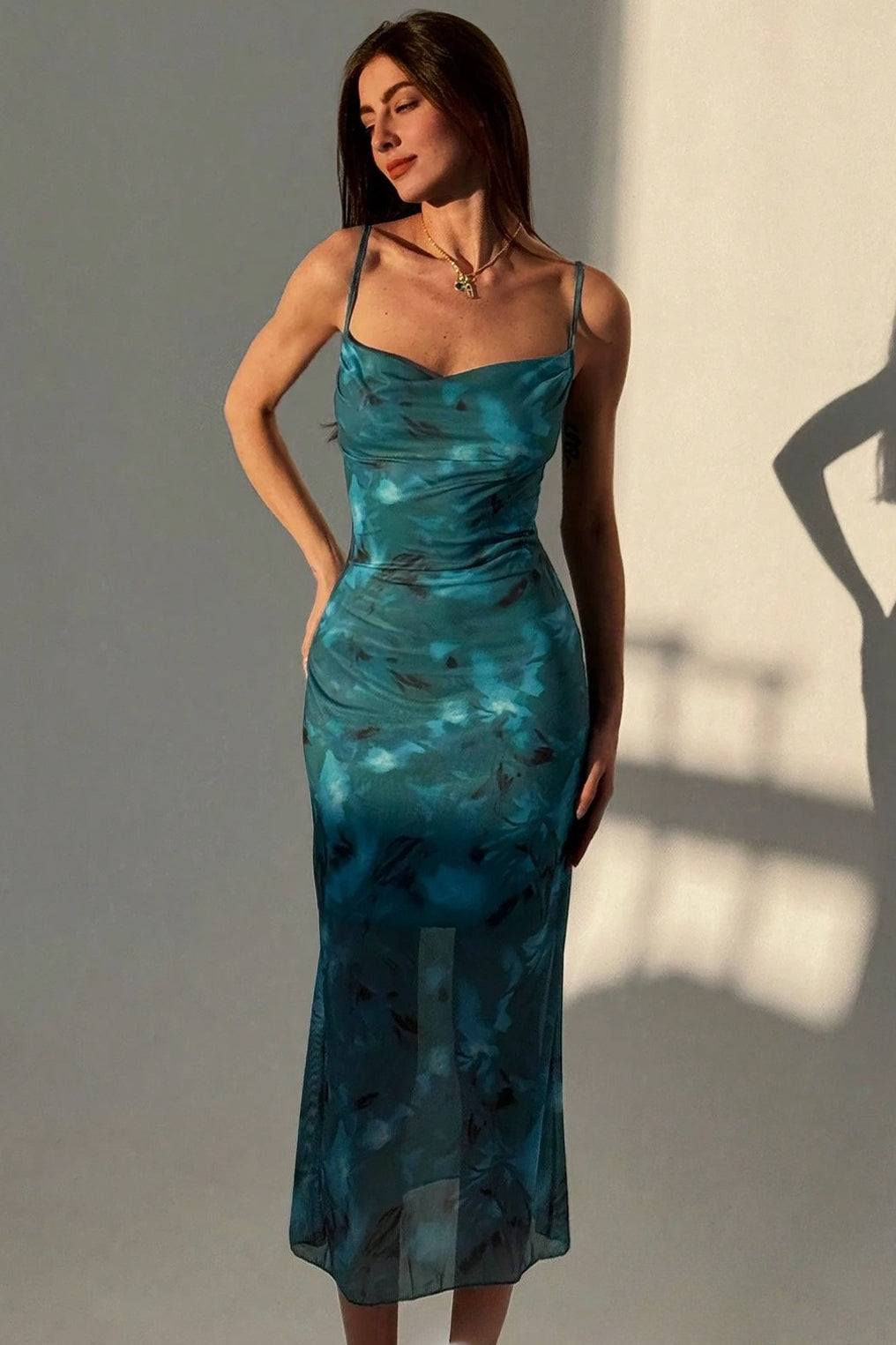 Cowl Neck Spaghetti Strap Abstract Marble Print Mesh Overlay Midi Dress