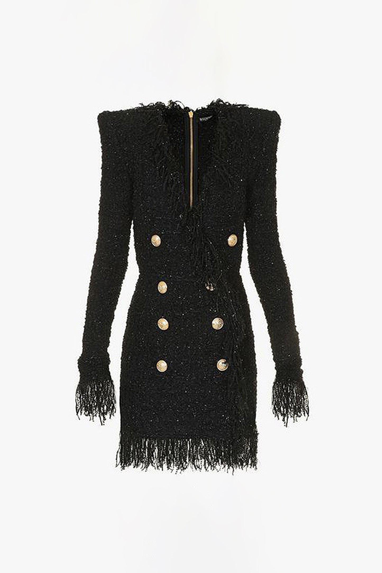 Tassel Hem Metal Button V-Neck Mini Dress