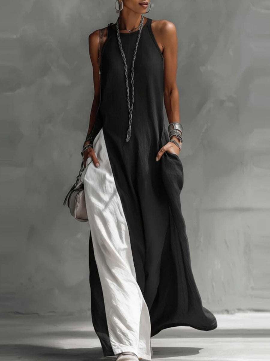 Sleeveless Loose-fit Pocket Color-blocked Leisure Off-shoulder Maxi Dresses