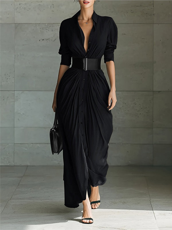 Long Collared Button-down Shirt Dress With Belt