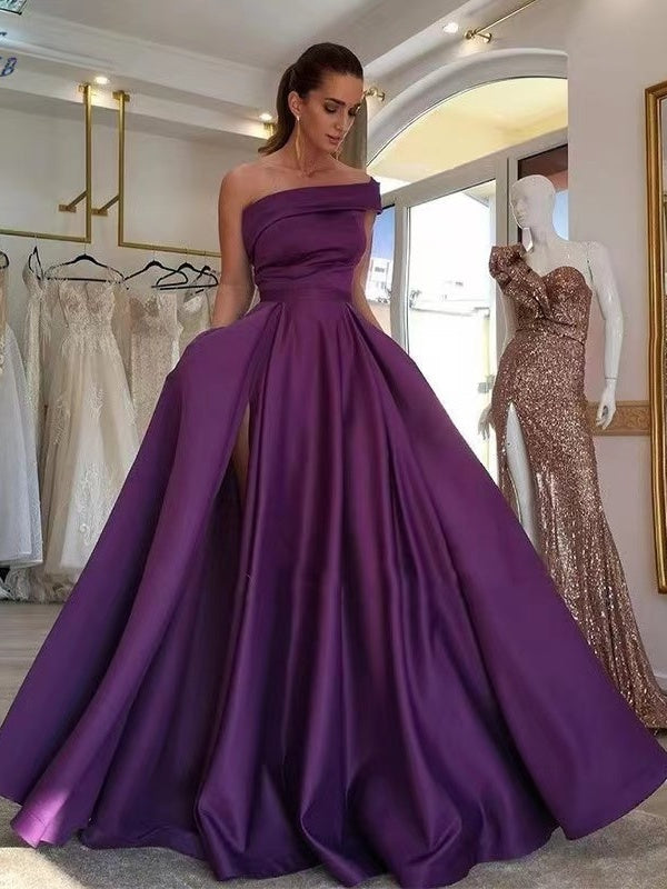 One-shoulder Satin Sequined Slit Maxi Dress