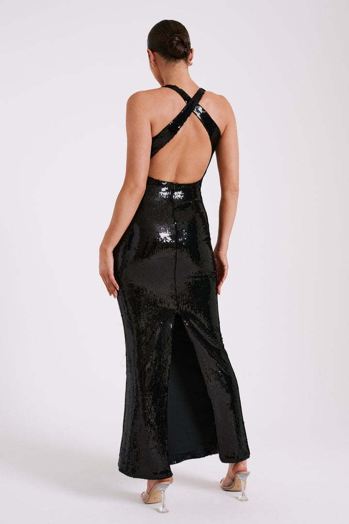 | Backless Floral Sequin Maxi Dress
