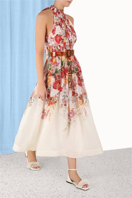 Floral Sleeveless Pleated Halter Neck Midi Dress