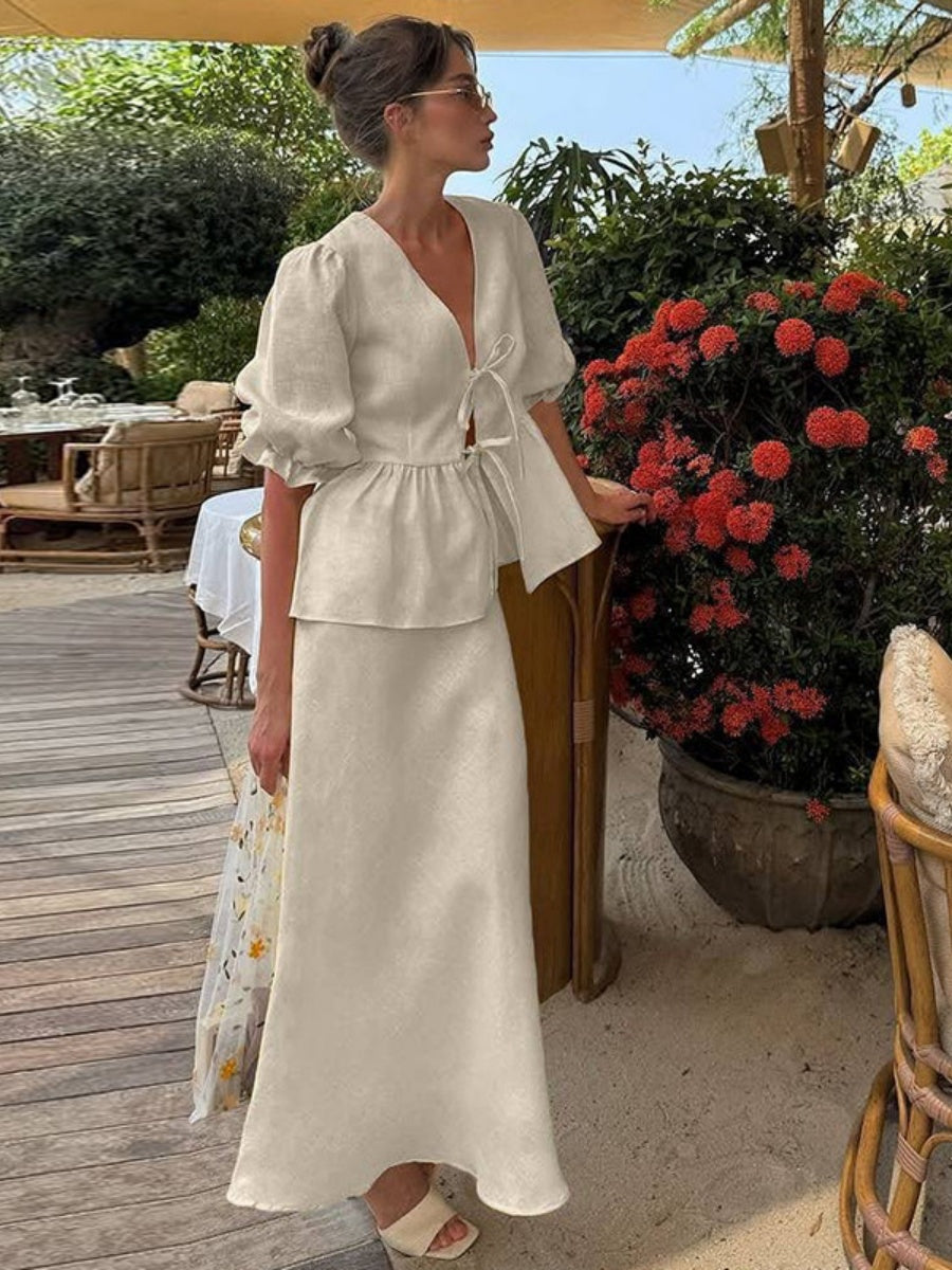 Two-piece Set: Puff-sleeved V-neck Tie-front Top And High-waisted Skirt