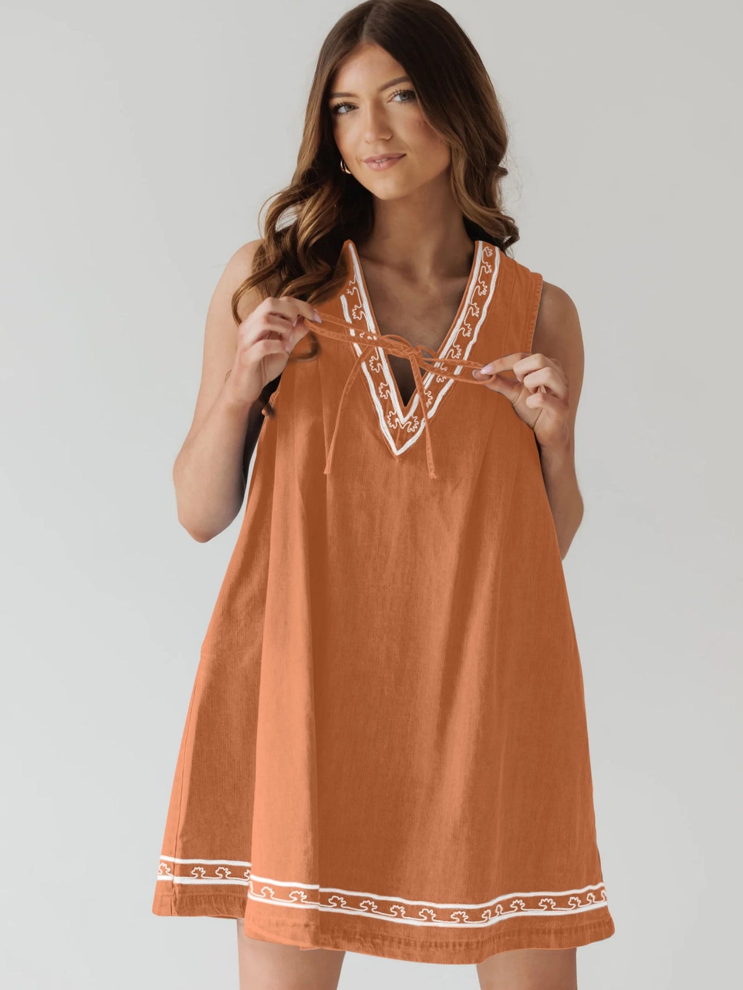 Denim Embroidery Openwork Tie V-neck Sleeveless Mini&Short Dresses
