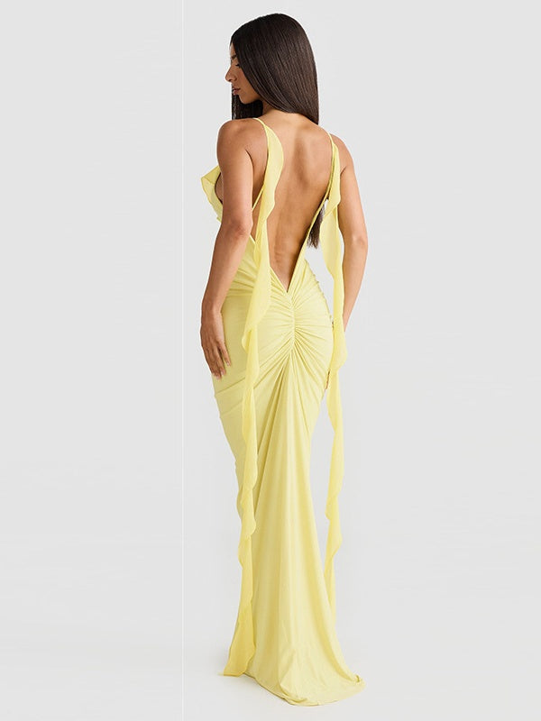 V-neck, Backless, Fitted, Fishtail Maxi Dress