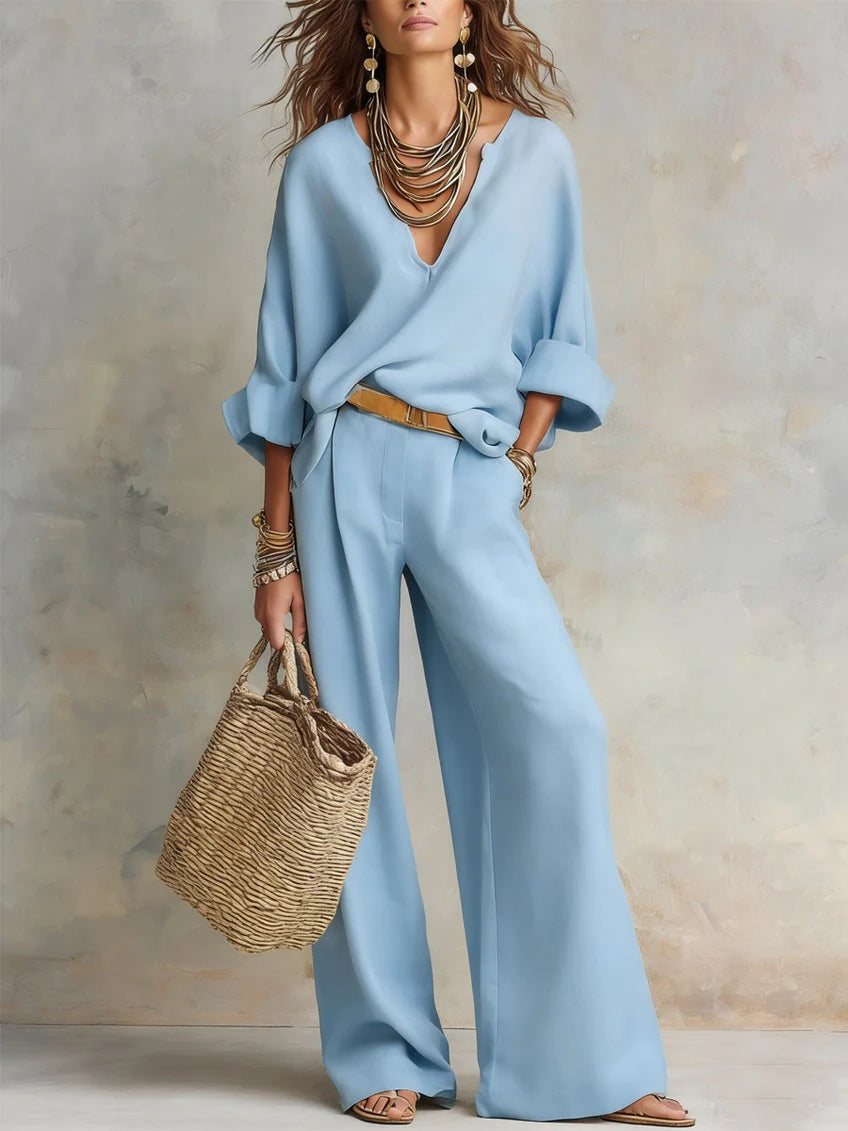 Casual Natural Linen Loose V-neck Vacation Two-piece Set