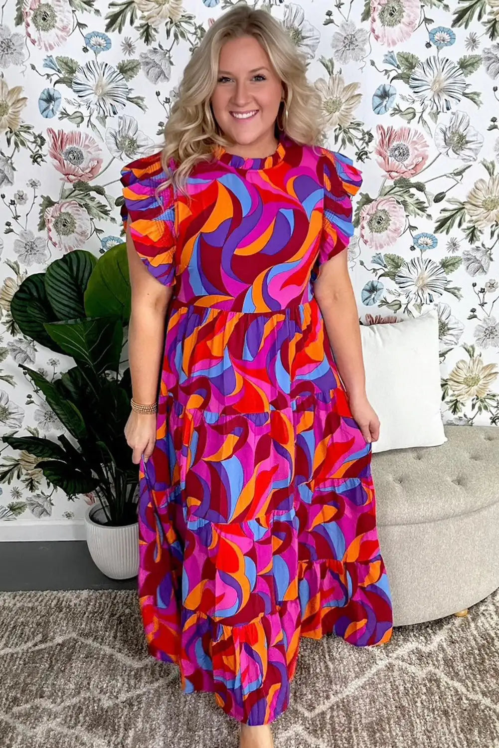 multicolour abstract ruffle maxi dress