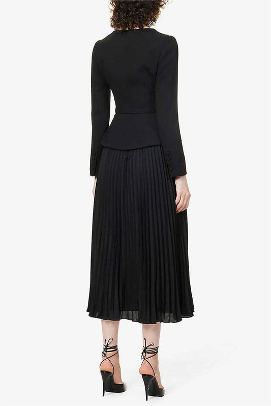 Solid Bow Pleated Long Sleeve Midi Dress With Belt