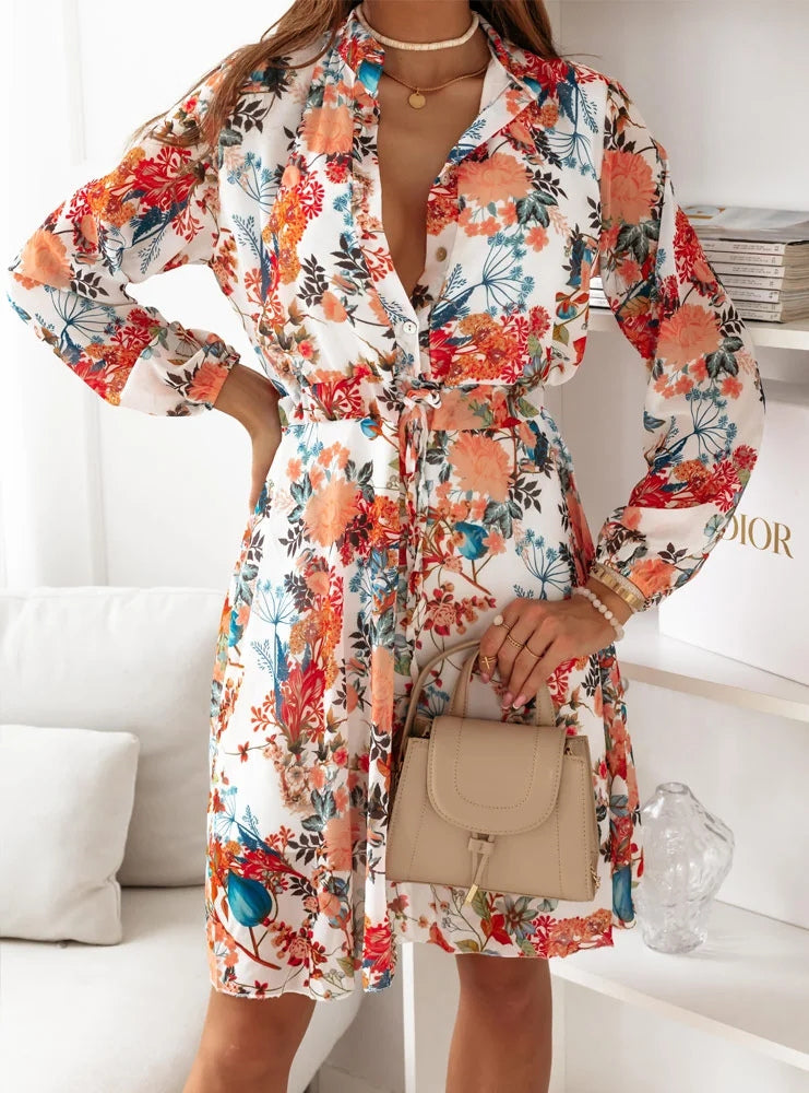 Shirt Midi Dress White Turndown Collar Long Sleeves Floral Dresses