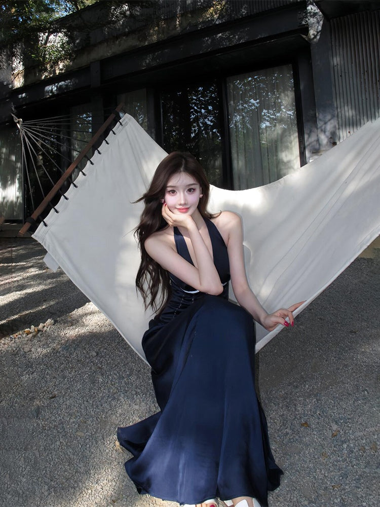 French Blue Halter Maxi Dress – Elegant V-Neck Cutout Bow-Tie Backless Beach Dress