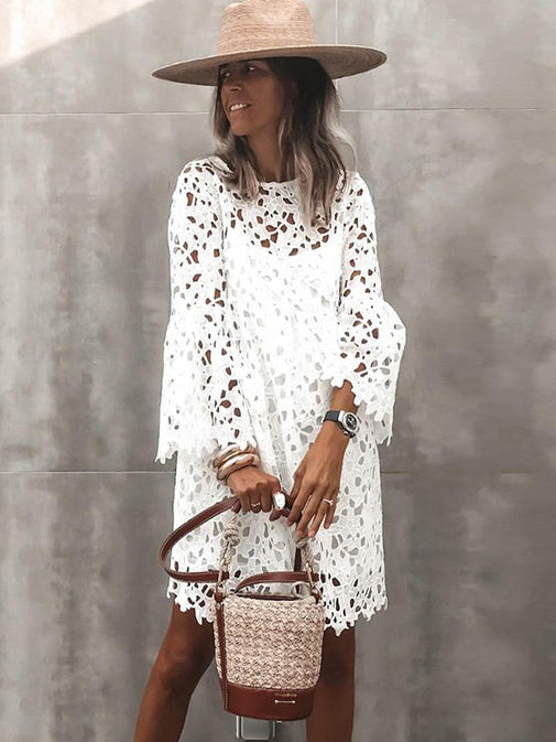 Lace Dresses White Jewel Neck 3/4 Length Sleeves Lace Casual Midi Dresses