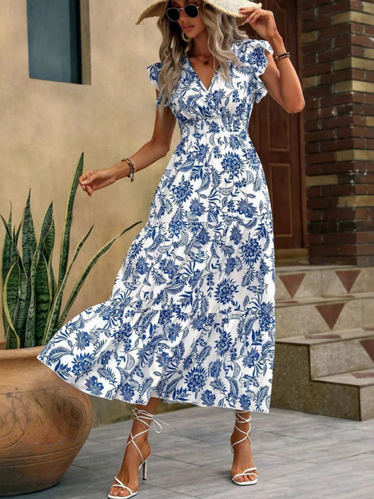 Floral Print V-neck Short Sleeve Maxi Dresses