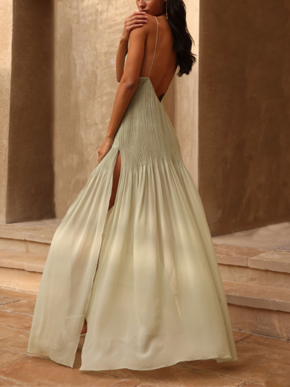 Spaghetti Strap Plisse Diagonal Panel Chiffon Maxi Gown