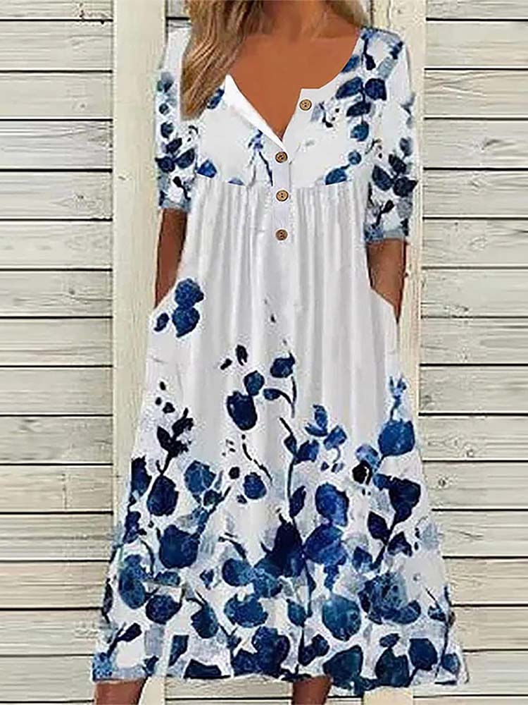 Large Floral Print V-Neck Button Front Empire Waist Pocket Midi Dress