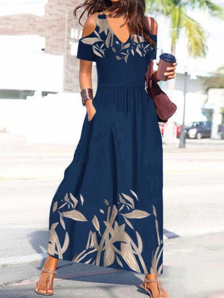 Cold Shoulder Plunging V Neck Pocket Botanical Print Empire Waist Maxi Dress