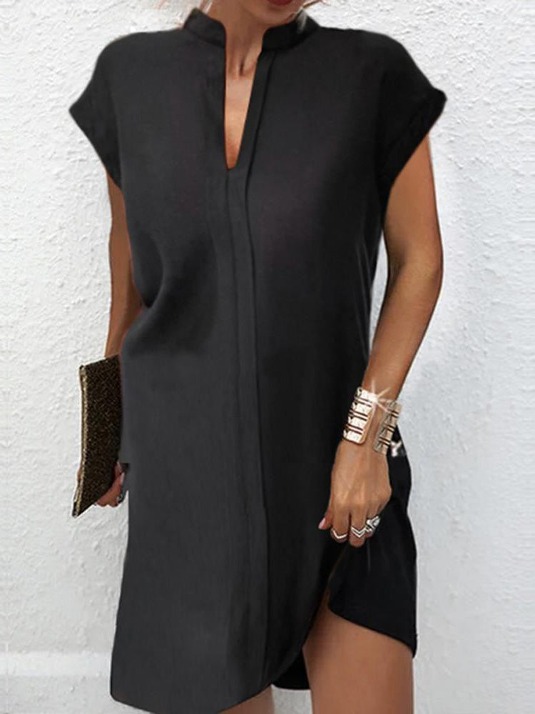Mandarin Collar Split Neck Cap Sleeve Shift Mini Dress