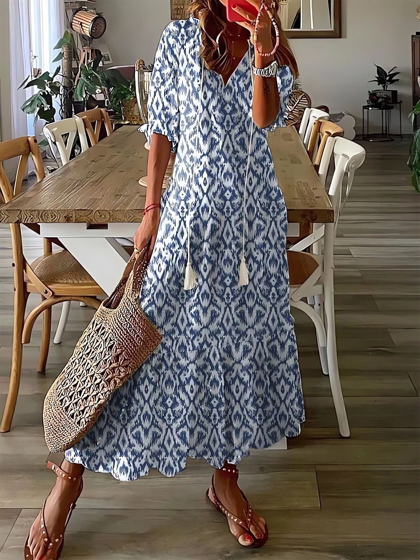 Loose V-Neck Print Dress