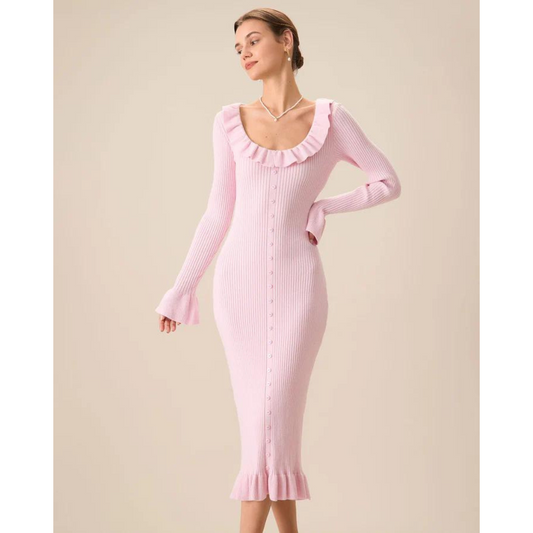 Ruffle Trim Scoop Neck Button Front Rib Knit Midi Dress