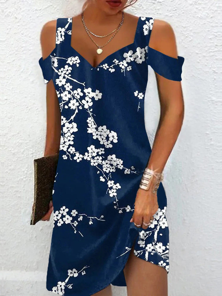 Cold Shoulder V-Neck Branch Floral Print Short Sleeve Mini Dress