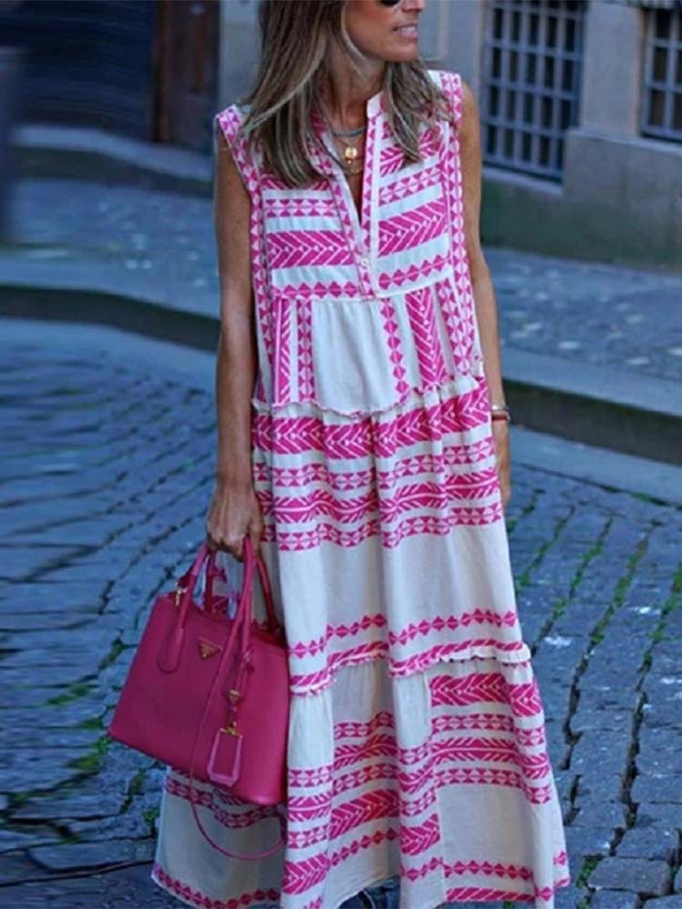 Geometric Tribal Print V-Neck Collar Button Front Tiered Maxi Dress