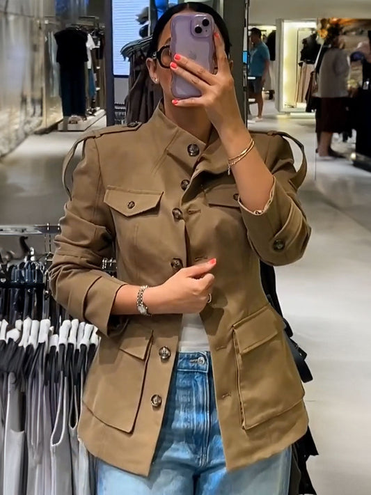 Vintage Stand Collar Utility Blazer