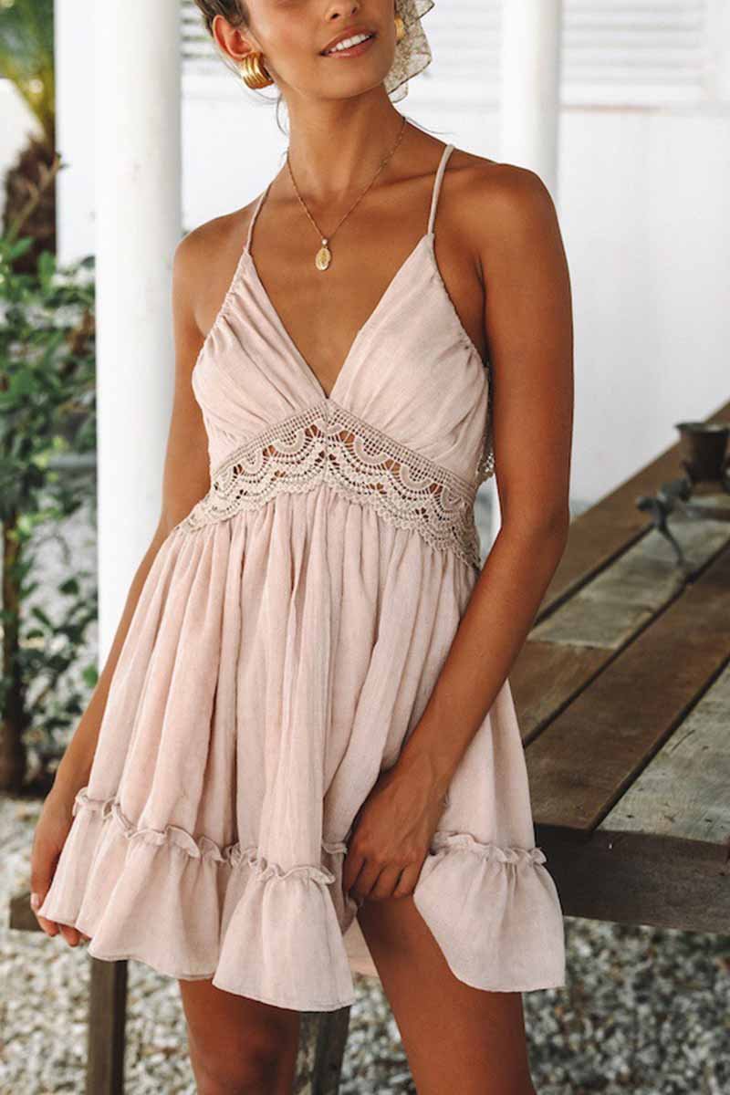 Spaghetti Strap Deep V-Neck Crochet Lace Empire Waist Ruffle Hem Mini Dress